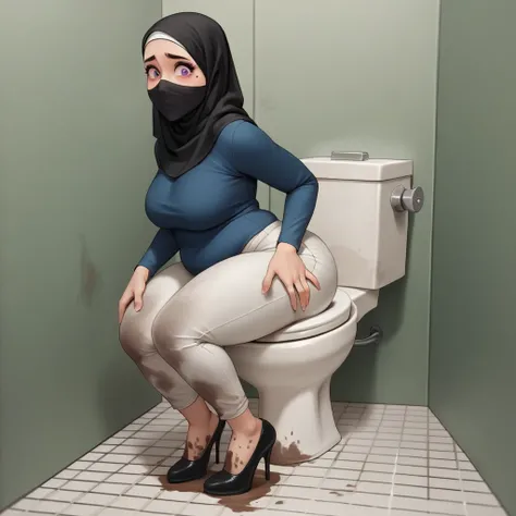 Ultra-realistic, 4k, 1girl, hot cute face, pretty face, cute eyes, chubby body, wearing black hijab, white chino pants, tight long sleeve baby-blue business shirt, black heels, nervous facial expressions, very sweaty, both hands on ass, in dirty dark publi...