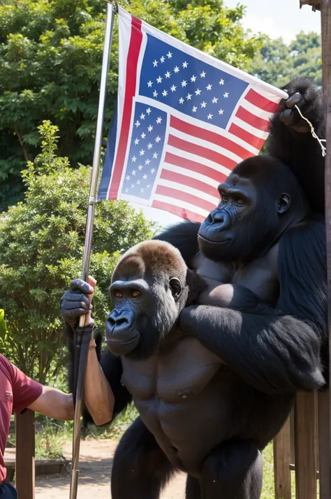 A gorilla holding a flag gets fed by a man who works for zoo, they both smile