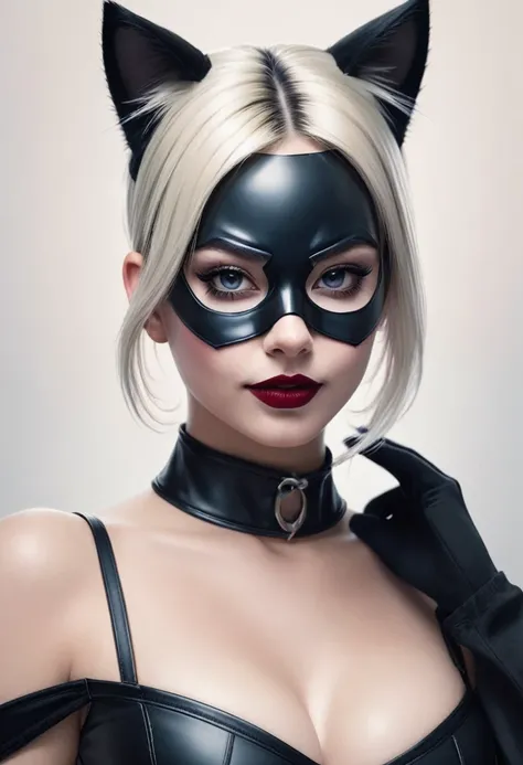 A stunning portrait of a woman wearing a corset and a cat mask, inspired by the iconic Harley Quinn. Rendered in the style of Artgerm, this piece captures the essence of the queen of Gotham with a touch of Greg Rutkowskis signature style