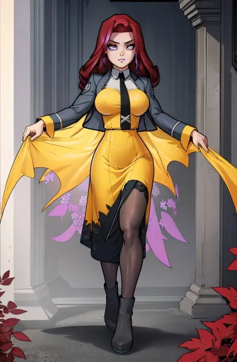 Masterpiece. detailed eyes, rabiestlagomorph, waist-length reddish purple hair, Large breasts, black dress, magic_high_school_uniform, Charcoal jacket, black necktie, yellow skirt embroidery 