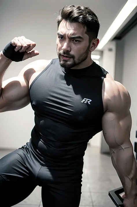 extremely strong man, with big muscles and popping veins screaming at the camera