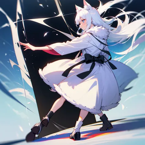 Cute girl, cat ears, cat tail, cat legs, white hair, furry legs, boots, coat, robe, layered clothes