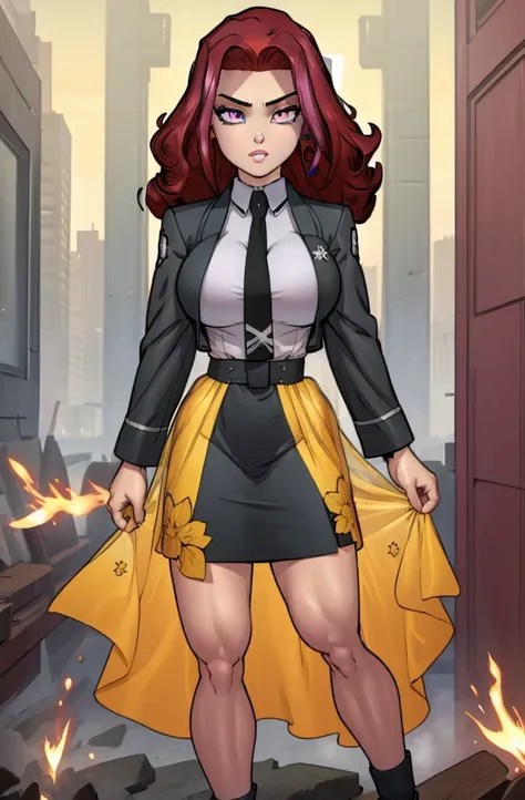 Masterpiece. detailed eyes, rabiestlagomorph, waist-length reddish purple hair, Large breasts, black dress, magic_high_school_uniform, Charcoal jacket, black necktie, yellow skirt embroidery 