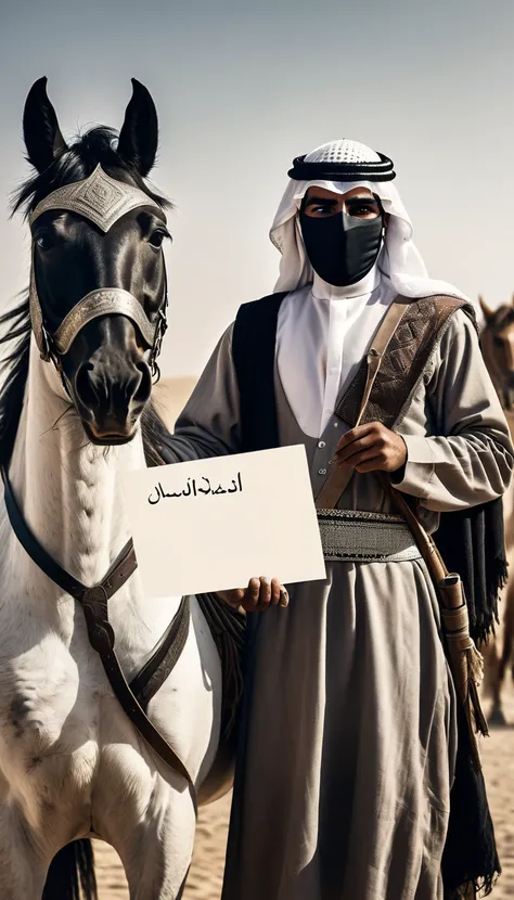 A captivating old photo of a masked Arab warrior standing near a horse with a blank letter in his hand, which he opens and shows to the camera, focusing on it