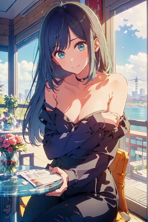 (Highest quality:1.4、8K:1.4、detailed)、F cup bust、Big Breasts、Slim body、Very white beautiful skin、((((1 person、smile、Surprised expression、sit、Chair、 the background are the urban buildings of Tokyo、looking at the camera、Indoor cafe terrace、Navy hair color、St...