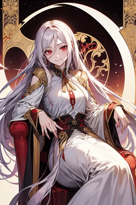 art nouveau, female, white long hair, red eyes, blood floating, smile, evil face, sitting on the throne, half body