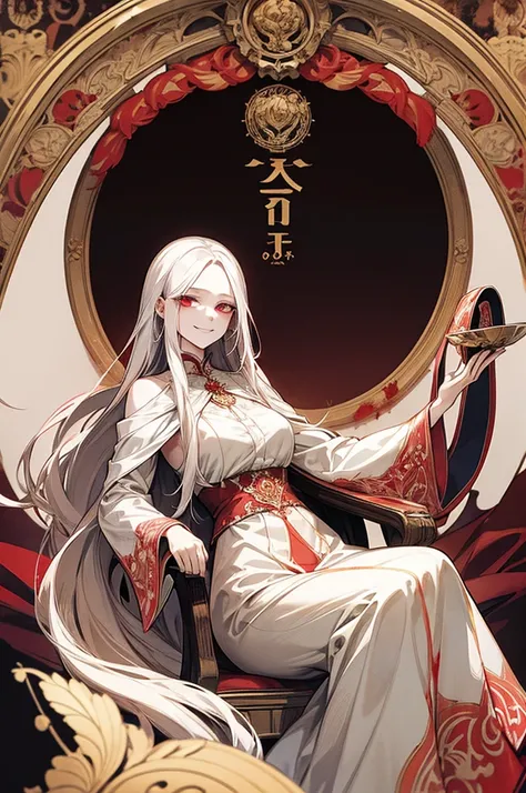 art nouveau, female, white long hair, red eyes, blood floating, smile, evil face, sitting on the throne, half body