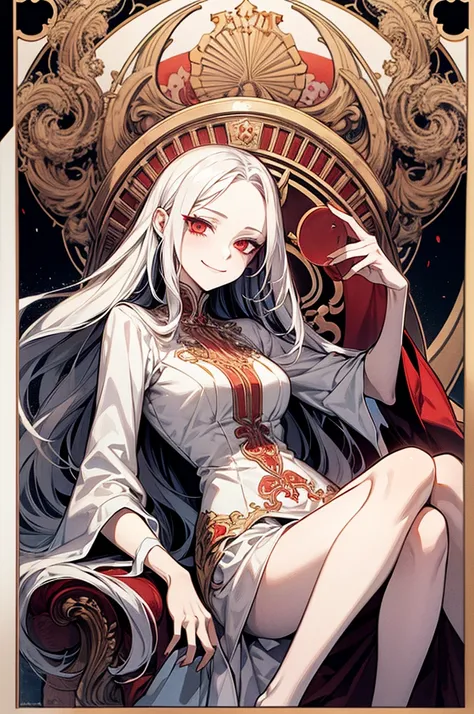 art nouveau, female, white long hair, red eyes, blood floating, smile, evil face, sitting on the throne, half body