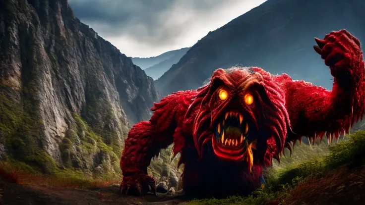 Giant Monsters, evil夢の獣, Super detailed, Overlooking the mountain village, Clear sky, Spooky Monsters, Menacing monsters, Sinister Monster,Terrifying monsters, Terrifying monsters, evil夢のモンスター, Vibrant colors, frigid hell, 邪evil, evil, Super-giant creature...