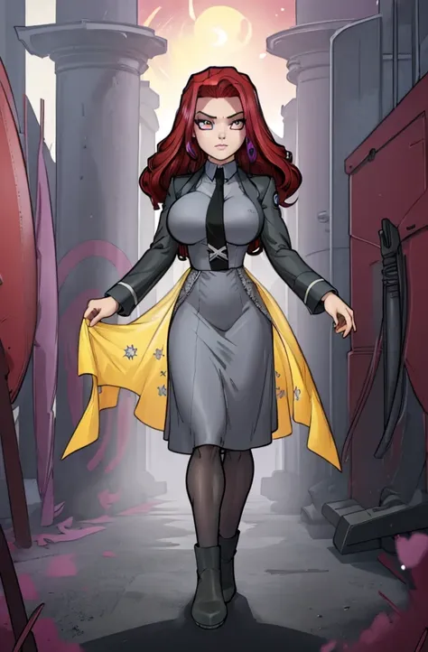 Masterpiece. detailed eyes, rabiestlagomorph, waist-length reddish purple hair, Large breasts, black dress, black shirt, magic_high_school_uniform, Charcoal jacket, black necktie, yellow skirt embroidery 