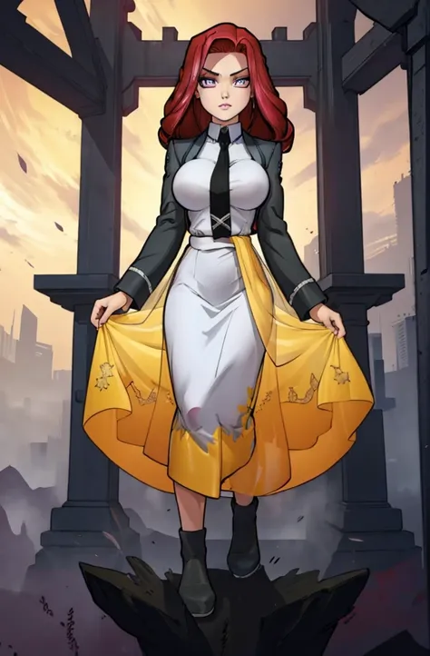 Masterpiece. detailed eyes, rabiestlagomorph, waist-length reddish purple hair, Large breasts, black dress, black shirt, magic_high_school_uniform, Charcoal jacket, black necktie, yellow skirt embroidery 