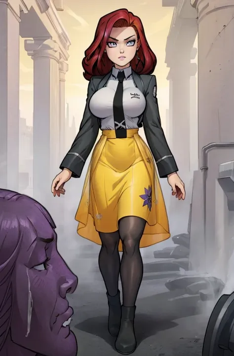 Masterpiece. detailed eyes, rabiestlagomorph, waist-length reddish purple hair, Large breasts, black dress, black shirt, magic_high_school_uniform, Charcoal jacket, black necktie, yellow skirt embroidery 