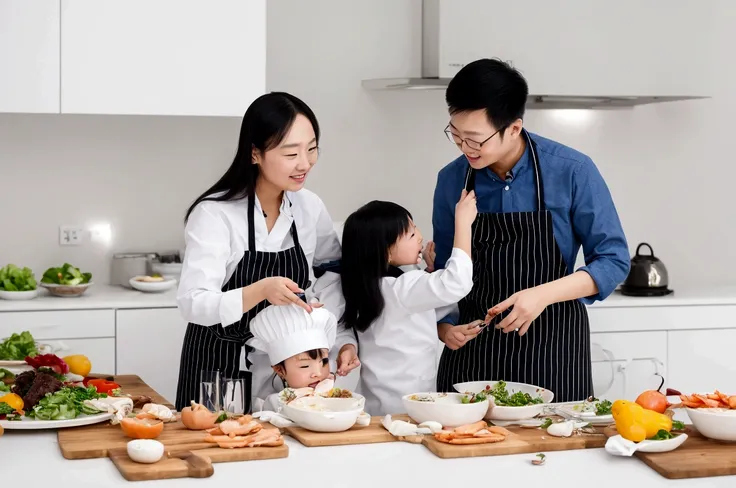 araffes and a woman and a  are in the kitchen, family photography, in the kitchen, family, advertising photosgraphy, shot with c...