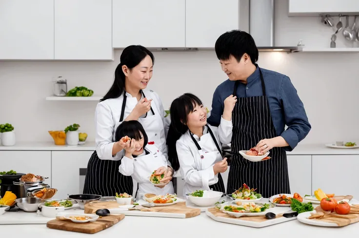 araffes and a woman and a  are in the kitchen, family photography, in the kitchen, family, advertising photosgraphy, shot with c...