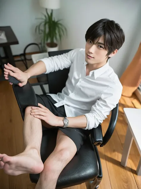 24 year old handsome guy, beautiful boy, Japanese, foot fetish, beautiful legs, body hair, barefoot, best quality, high resolution, slim figure, fair skin, manicure, pedicure, lipstick, black jacket, white shirt, looking at camera, black mini skirt, hairy,...