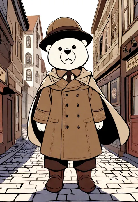 A cute and confident white brown bear dressed as a detective, Wearing a brown detective hat and cape. The bear proudly stands in front of a sign，It says "Detective Agency". A retro street in the background，With cobblestone roads and charming old buildings,...