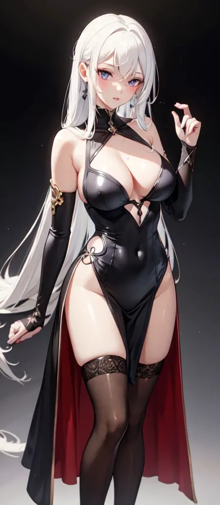 ((Best Quality)), ((Masterpiece)), (HD 4k), (detailed), 1 girl, White hair, dressed in black with purple, showing chest, sexy