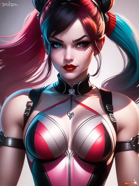 A dynamic and visually striking illustration of Harley Quinn, drawn in the style of Artgerm. This piece pays homage to the classic pin-up art of Earle Bergey, while still maintaining the edgy and playful nature of the beloved comic book character.