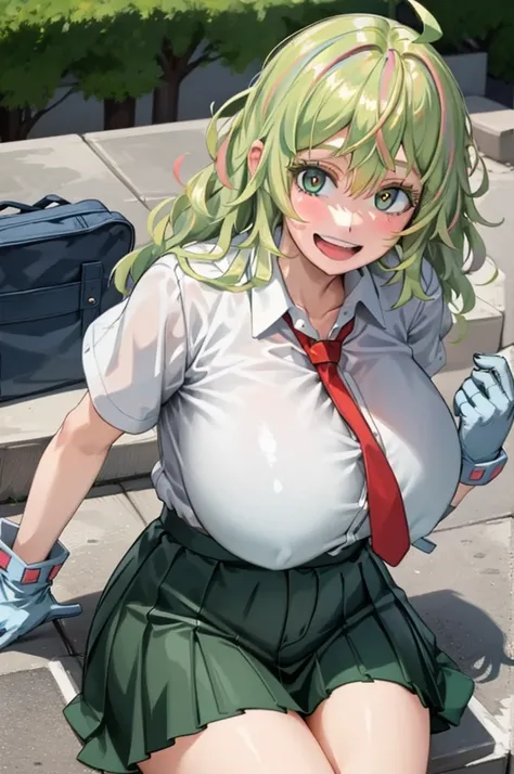 TooruU1, 1girl, solo, looking at viewer, green hair, blush, green eyes, messy hair, medium hair, medium breasts,bangs, hair between eyes, open mouth, smile, gloves, ahoge, blue gloves, multicolored hair, (teeth:1.1), (white teeth:1.1), cowboy shot, , white...