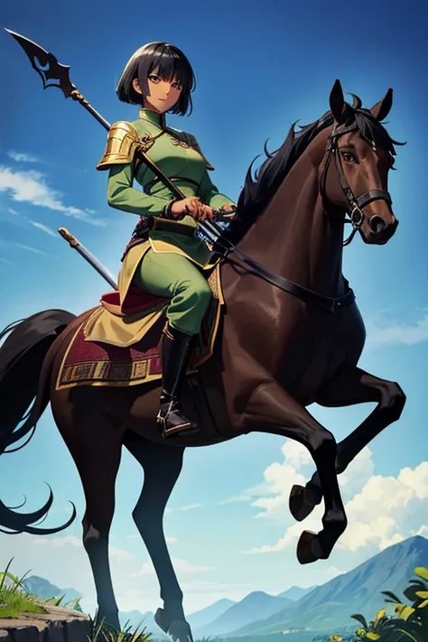 Anime Art、Full body portrait、Ancient Chinese cavalry、A dark-skinned woman of about 25 years old, around 150cm tall, wearing dark green clothing, riding a large horse and holding a long spear in her right hand.、Condescending smile、Short medium hairstyle、Bla...