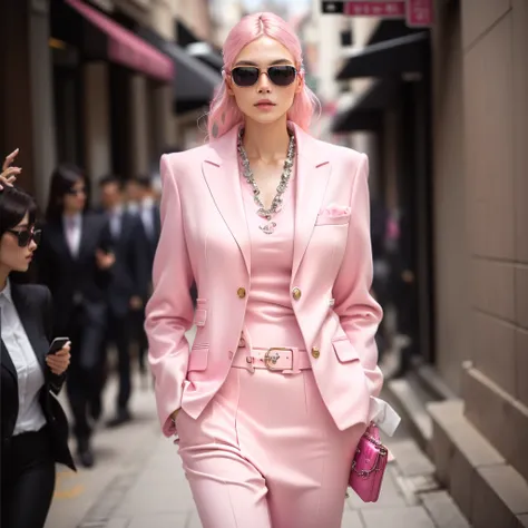 Wearing a pink suit、European female model wearing sunglasses walking on the street, Wearing a light pink suit, Chanel, Pink, Polished appearance, 2020 Fashion, soft style, Pastel&#39;, Fashion, 