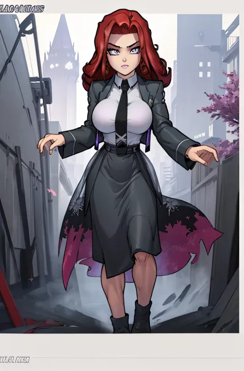 Masterpiece. detailed eyes, rabiestlagomorph, waist-length reddish purple hair, Large breasts, black dress, black shirt, magic_high_school_uniform, Charcoal jacket, black necktie, yellow skirt embroidery 