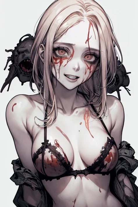 Highest quality, (Background details), A horde of zombies coming at me, Crazy Eyes, Crazy Smile, whole body, underwear, High Contrast, Super Beauty, Detailed original illustrations, Sensual, Delicate face, Charm, sexy, looking at the camera, Real breasts, ...