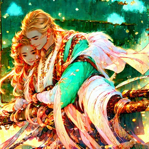 man holding a sword and woman holding a medical book，wearing traditional costume，warm and happy gaze。bright colors，antiquity