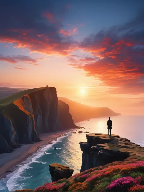 create a visual representation of a solitary figure on a cliff during sunrise. the individual stands tall in awe and wonder unde...