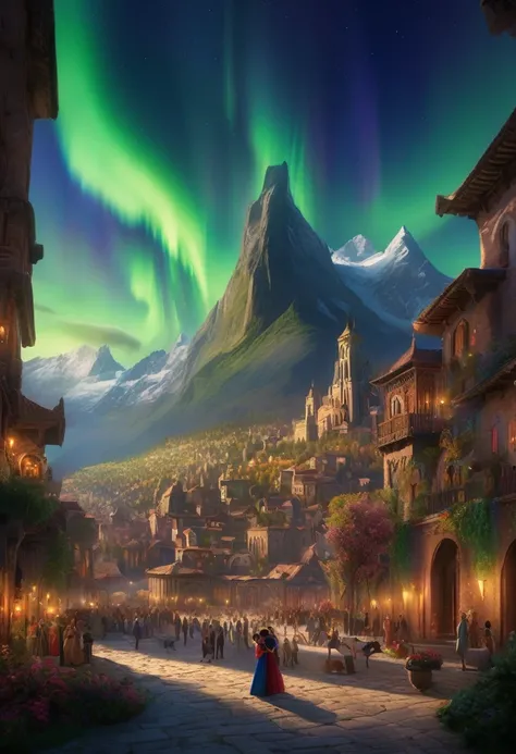 In this scene, you can see an ancient city surrounded by mountains, with the aurora blooming in the sky. The citys buildings are unique, seemingly inspired by myths, exuding a mysterious aura. In the city square, several people are dancing, dressed in magn...