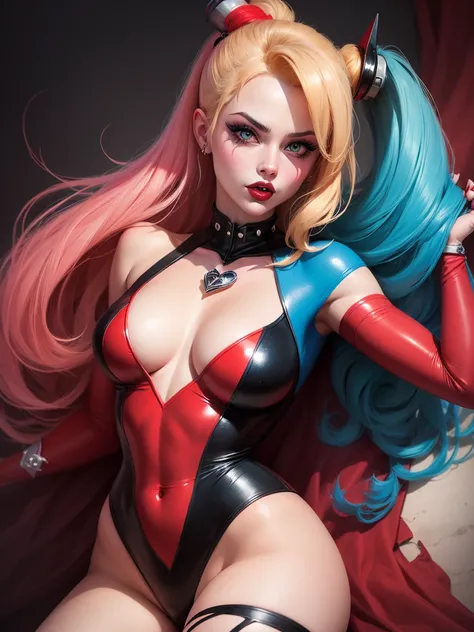 A dynamic and visually striking illustration of Harley Quinn, drawn in the style of Artgerm. This piece pays homage to the classic pin-up art of Earle Bergey, while still maintaining the edgy and playful nature of the beloved comic book character.