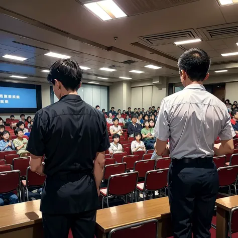 Back photo, There is only one middle-aged man in the photo with his back to the camera，He wears fashionable and young clothes，at the Taiwan City Hall, speak confidently，There are many audience members in the audience