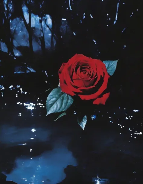 film photography, vintage, close up photo of red rose in black water, blue dark forest night background