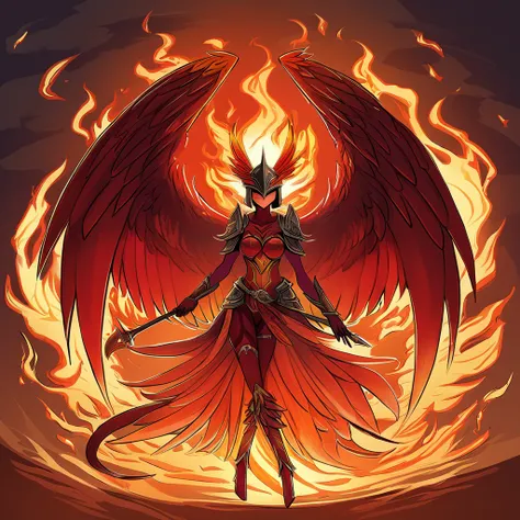 Phoenix monster girl with three sets of wings vivid red feathers with yellow and orange flame patterns and a sharp helm with flames rising from it wearing red armor with fire and smoke all around it in made of fire art style