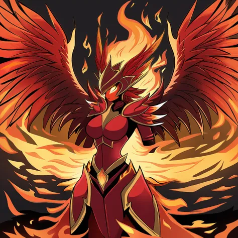 Phoenix monster girl with three sets of wings vivid red feathers with yellow and orange flame patterns and a sharp helm with flames rising from it wearing red armor with fire and smoke all around it in made of fire art style