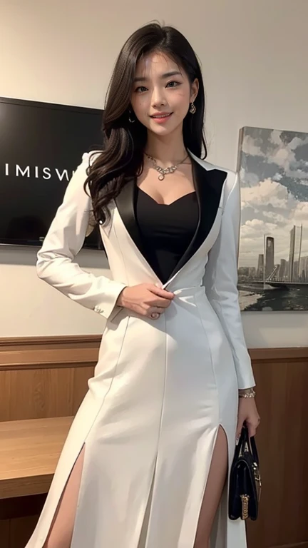 ((masterpiece, Highest quality)), Edge Quality,Conceit,Grin, ((Edge Dress, a woman in a dress posing for a picture )),jewelry, Jacket, bag, formal, suit, Pencil Skirt, handbag, Realistic, office lady, skirt suit, She&#39;s wearing a pencil dress、Leaning ag...