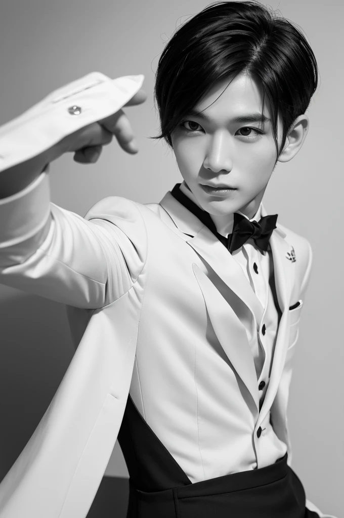 （Hoan Lap，High resolution，Hyper Detail，High resolution），masterpiece，Highest quality，One boy，good looking，Short, narrow, flared eyes and a detailed face，Black and white suit，Dimples，Simple black and white background，Selfie，Black Hair，Pale skin