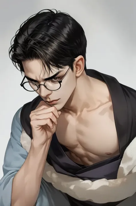 masterpiece, best quality, realistic, 1man, male focus, tall muscular, handsome, [thin eyebrows:0.5], serious, shirtless, portrait, extremely detailed face, black hair, (short hair), shirtless, six packs, full body, Japanese, round glasses, relax