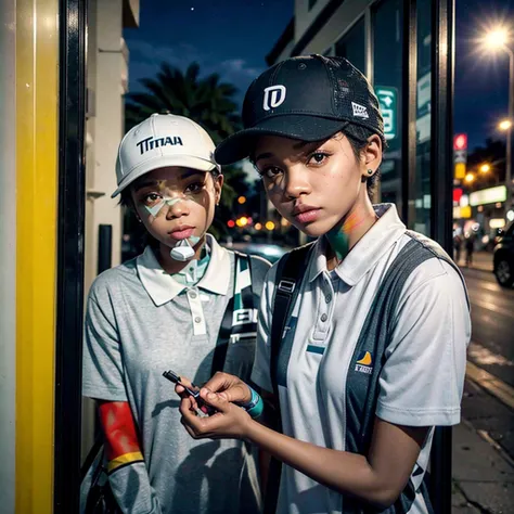 A black person with light skin, short hair and gray cap. This person will be wearing a blouse printed with the colors of the non-binary flag.
I want her to have a golf club breaking the windows of an Itaú bank. The image is on the street at night.