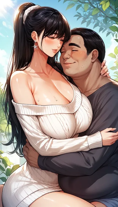 Hot sexy beautiful  milf hugging with ugly fat old man tightly, indian silver jhumka earrings,big breasts, ,black hair, Japanese hairstyles ,off shoulder sweater