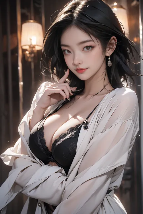 One was wearing a 、The young man with short black hair said curiously。Naked trench (huge breasts:1.2),wet skin（（rogue））cool atmosphere，shiny skin，medium breasts,((look at camera)), (((smile:1.1))),((thick hair bang)), (lingerie)