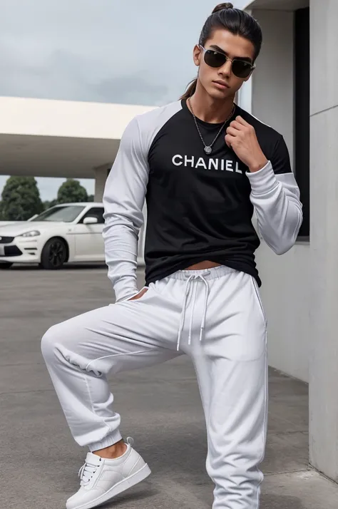 A 19 years old boy, handsome look,long silky hair with man bun hairstyle,fit & jym body,wear a combraided silvar trousers ,chanel low top trainer cc white neavy mens shoo,shadow taskforce full sleeve black t shirt, holding a dita Eplx.08 unisex dark gray a...