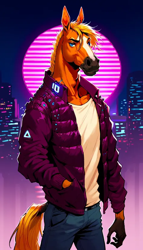 score_9, score_8_up, score_7_up, (cyberpunk buildings, cyberpunk neon signs, cyberpunk cars, cyberpunk-style city on background),
((Horse:1.2), anthro, solo, male, (portrait, standing), (holding), ((wearing clothes)), ((have fur)), beautiful, (have augment...