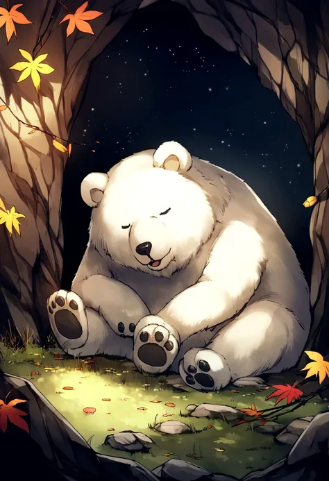 A white male bear naps deep in a very dark cave、It&#39;s a thunderstorm outside、Late Autumn.