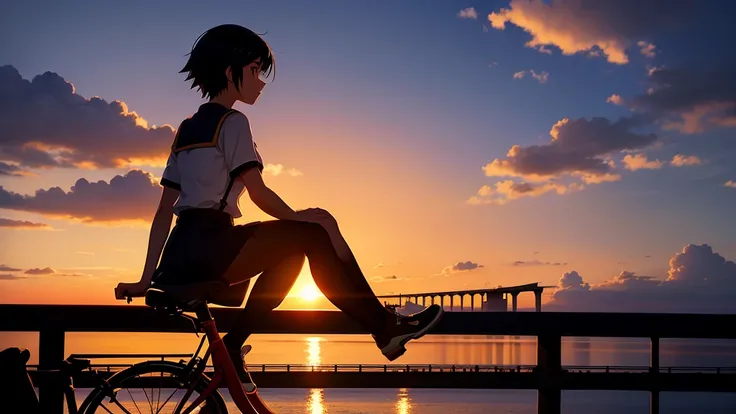 Anime girl riding a bicycle on a bridge watching the sunset, Bridge over the canal, Girl in uniform, silhouette, Orange sunset sky, Makoto Shinkai style, Makoto Shinkai style, 2D