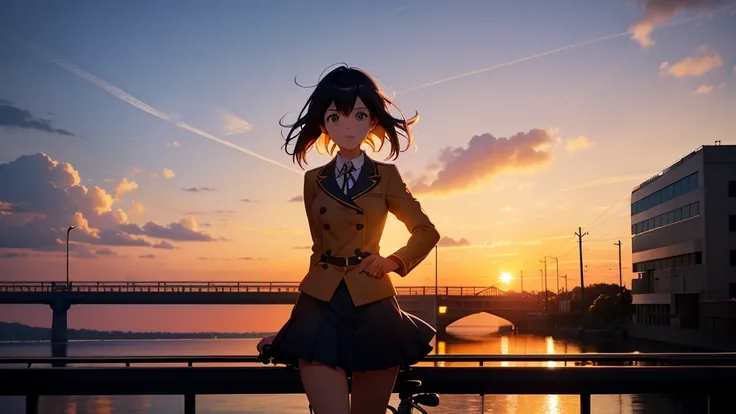 Anime girl riding a bicycle on a bridge watching the sunset, Bridge over the canal, Girl in uniform, silhouette, Orange sunset sky, Makoto Shinkai style, Makoto Shinkai style, 2D