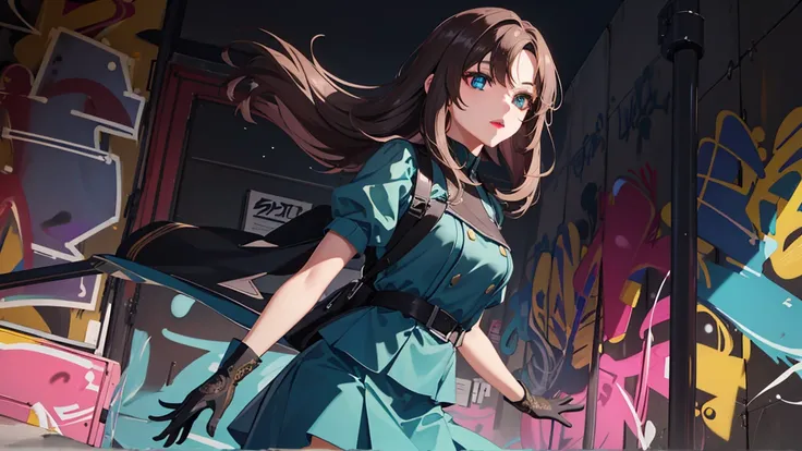 bangs,brown_hair, long_hair,red eyes,lipstick,makeup,
BREAK black gloves, gloves, skirt, dress, green dress, short sleeves, puffy sleeves, juliet sleeves, short skirt, green skirt,
BREAK (Graffiti:1.5), Splash with purple lightning pattern, arm behind back...