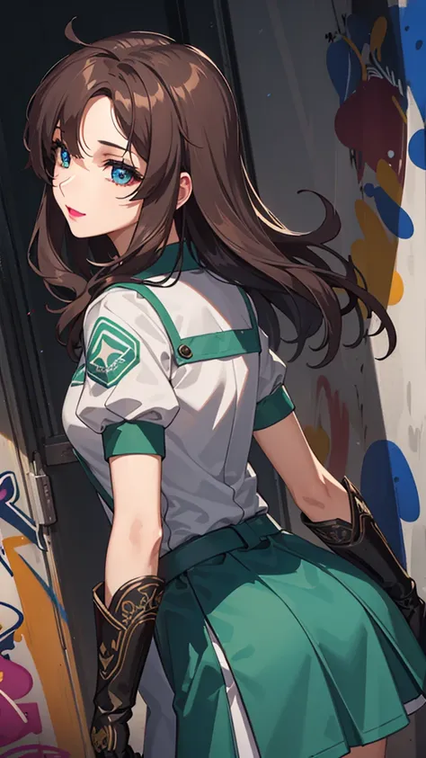 bangs,brown_hair, long_hair,red eyes,lipstick,makeup,
break black gloves, gloves, skirt, dress, green dress, short sleeves, puff...