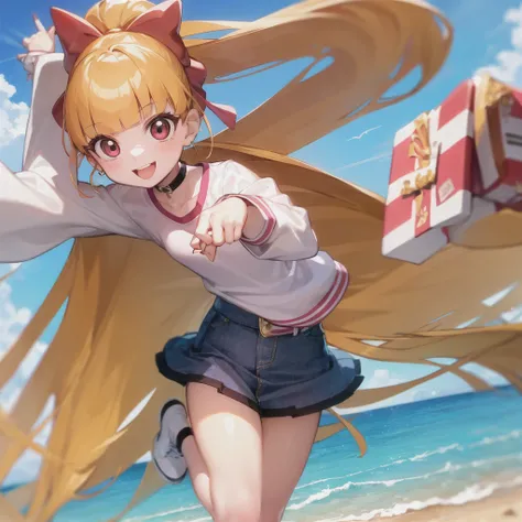 One girl, ppgzmmk, Long Hair, Blonde, Hair Ribbon, Blunt bangs, ponytail, Red eyes, Bright Eyes, (White shirt, Long sleeve, Striped sleeves:1.1), (denim, Short skirt:1.1), Jumping, smile, avert your eyes, Beach 