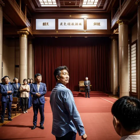 Create an image featuring a confident middle-aged Taiwanese man giving a speech at the chairmans seat in a grand hall. The man is facing away from the camera, wearing trendy, youthful clothes. The grand hall is filled with Taiwanese audience members attent...